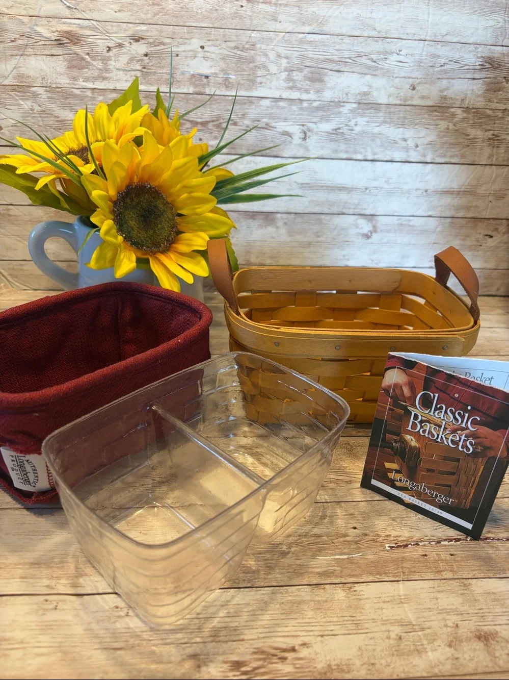 Longaberger Woven Tea Basket 10740 Red Liner and Clear Protector Insert
